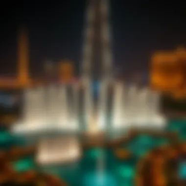 Aerial View of the Burj Khalifa Fountains Aerial view of the Burj Khalifa fountains in action during a night show