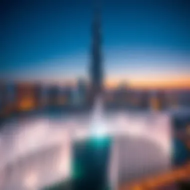 Panoramic View of Burj Khalifa Fountains and Dubai Skyline A panoramic view of the Burj Khalifa with fountains, backdrop of the Dubai skyline