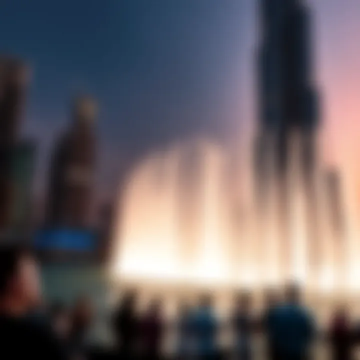 Visitors enjoying the Burj Khalifa fountain show at sunset