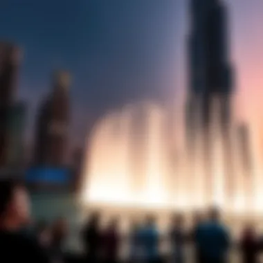 Visitors Enjoying the Fountain Show at Sunset Visitors enjoying the Burj Khalifa fountain show at sunset